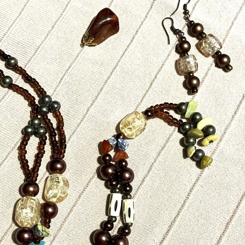 Jewelry Set ~ Bohemian Gemstone Necklace ~ Beaded Glass Earrings ~ Pendant
